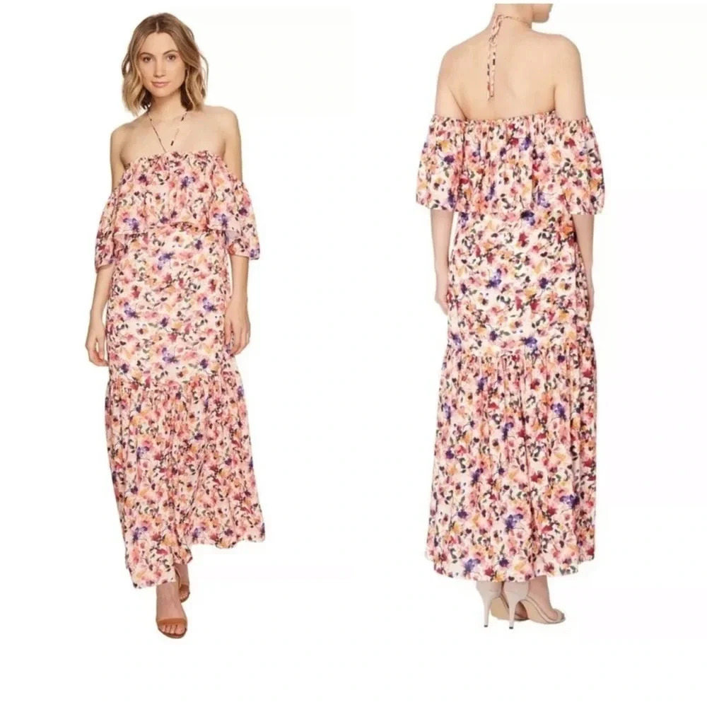 New Catherine Malandrino Garden Floral Paxton halter maxi dress ruffle tiered